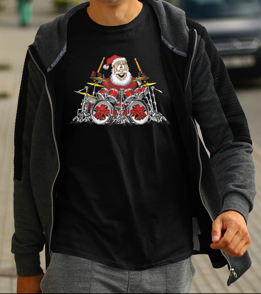 Christmas Santa Drummer Playing Red Drum Kit T-Shirt