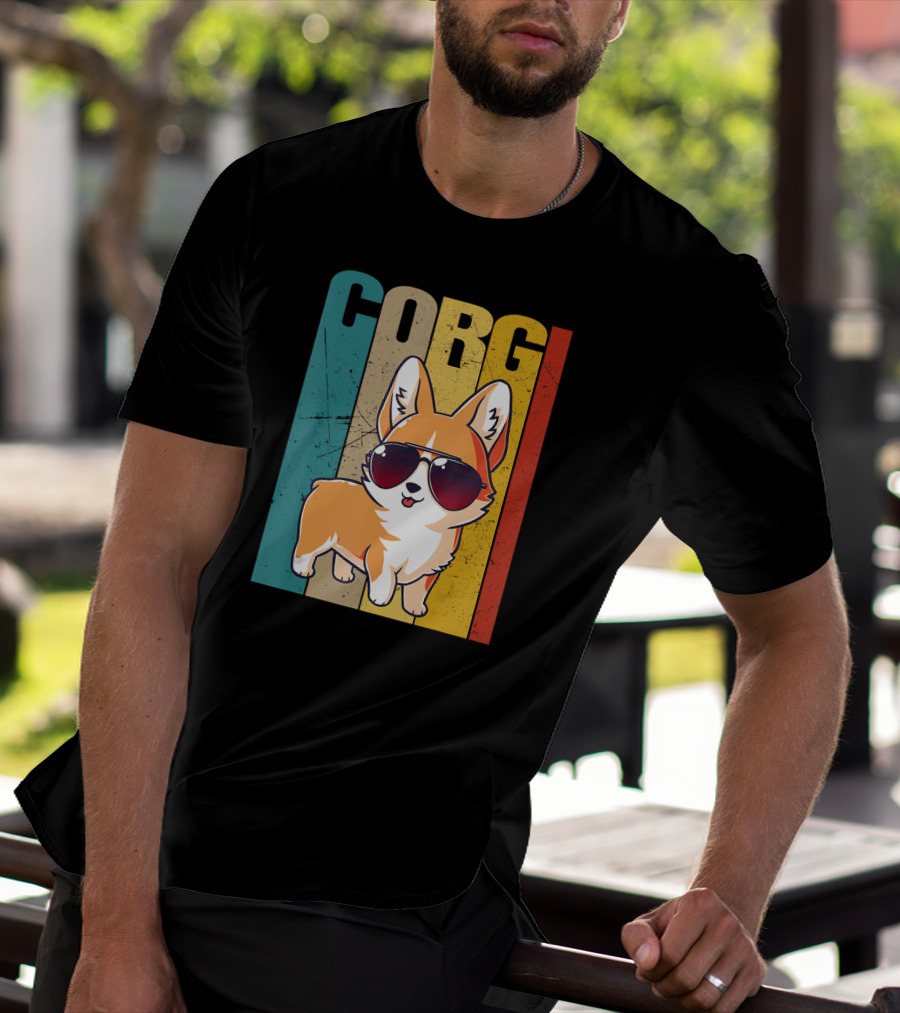 Corgi With Sunglasses Retro Stripes T-Shirt