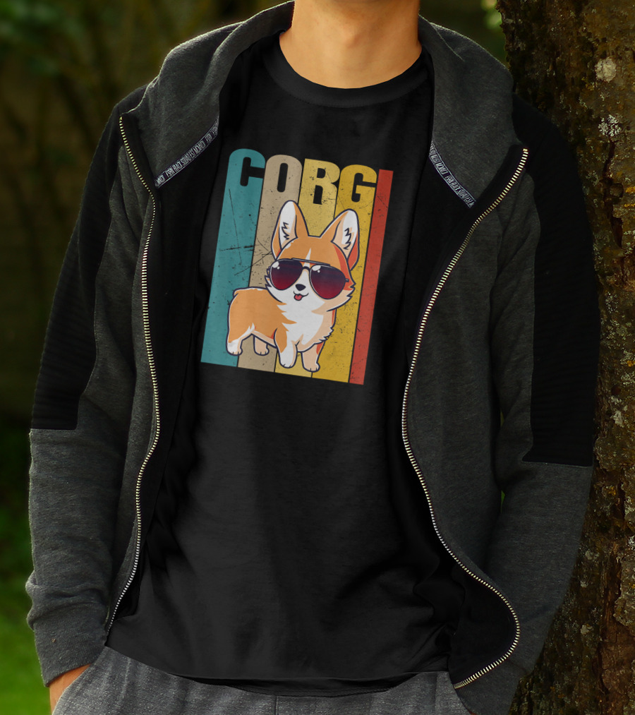 Corgi With Sunglasses Retro Stripes T-Shirt