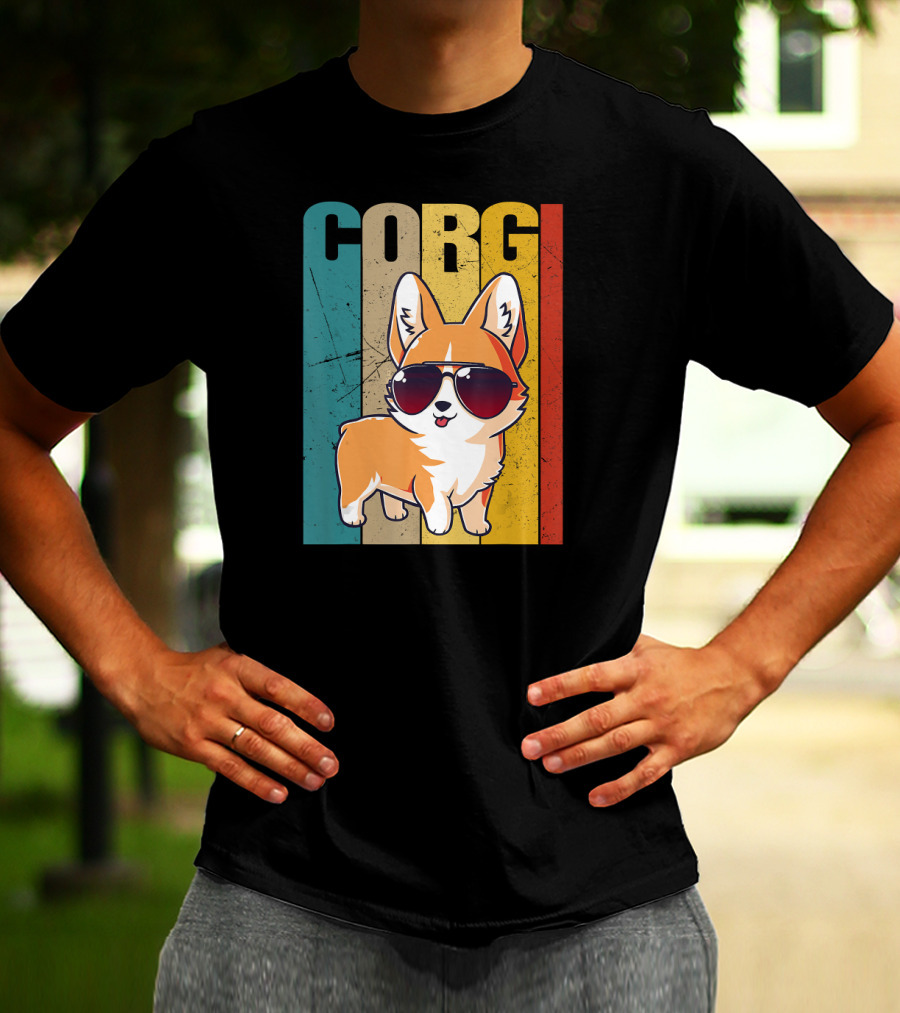 Corgi With Sunglasses Retro Stripes T-Shirt
