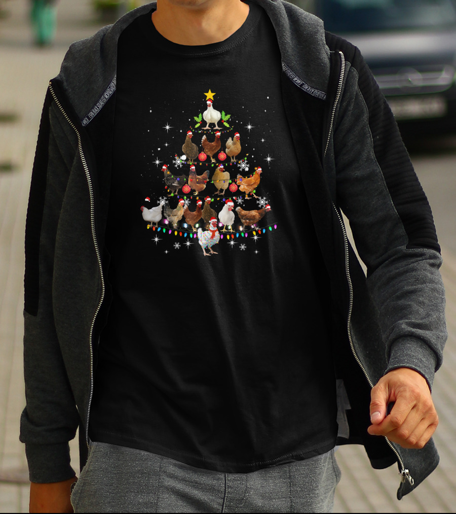 Funny Chickens Christmas Tree Decorated With Santa Hats And Holiday Ornaments T-Shirt