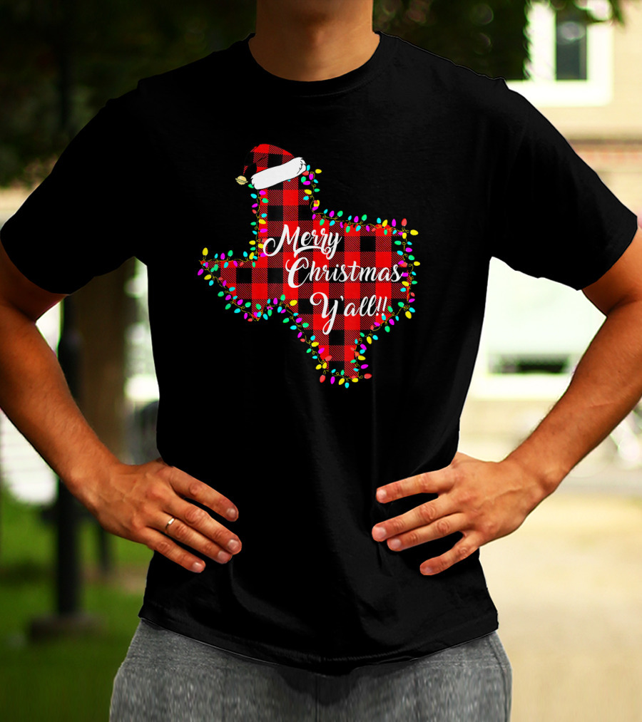 Texas Merry Christmas Y'All Plaid Lights T-Shirt