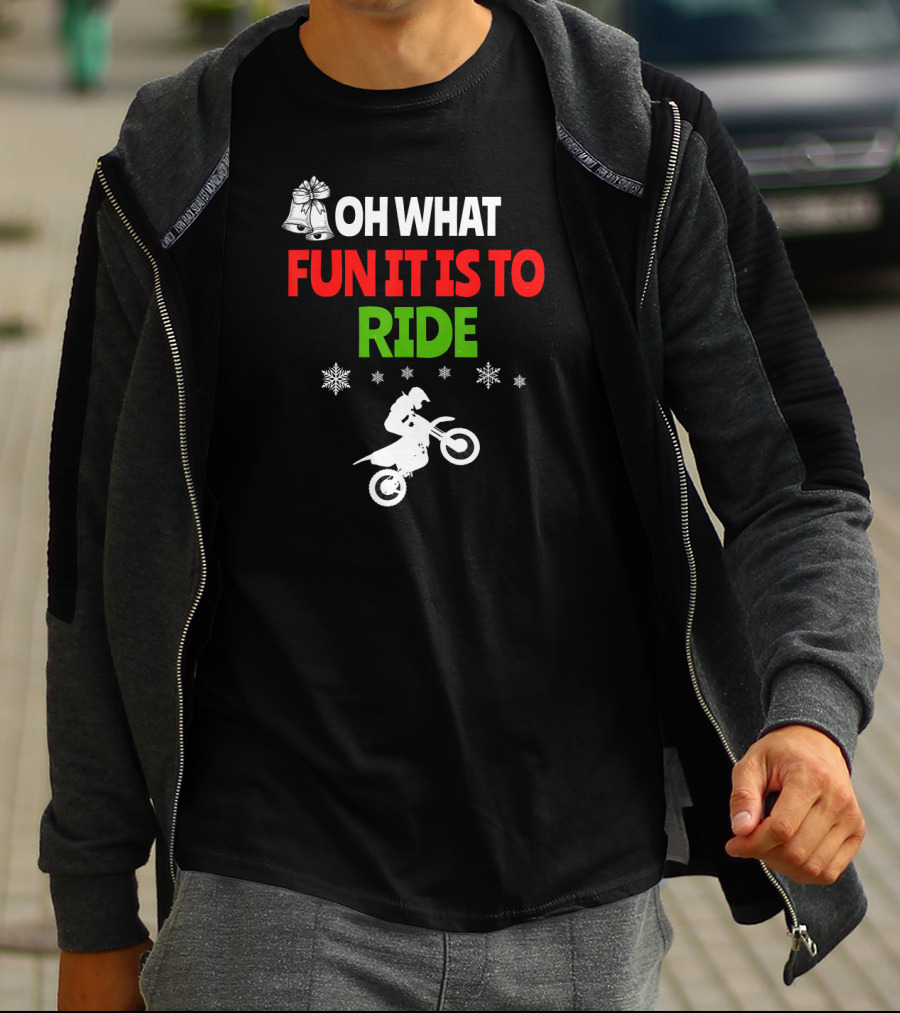Oh What Fun It Is To Ride Christmas Dirt Bike With Bells And Snowflakes T-Shirt