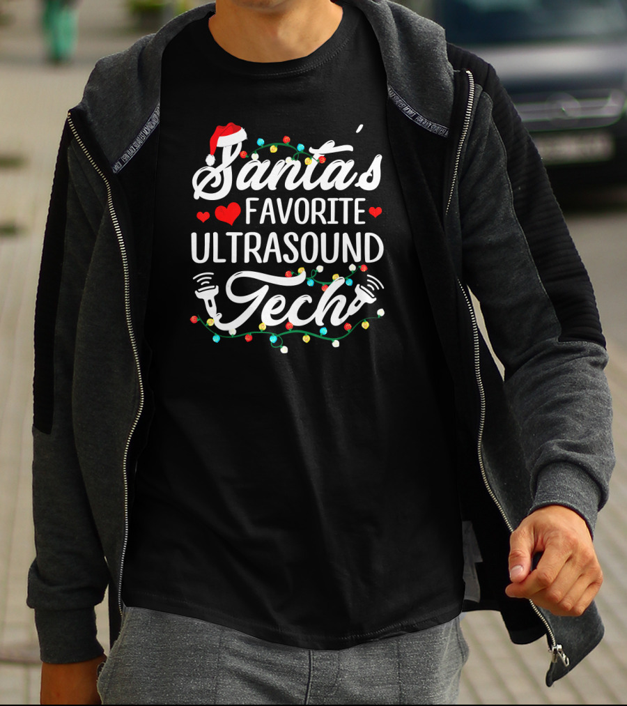Santa's Favorite Ultrasound Tech Christmas Lights Santa Hat Hearts T-Shirt