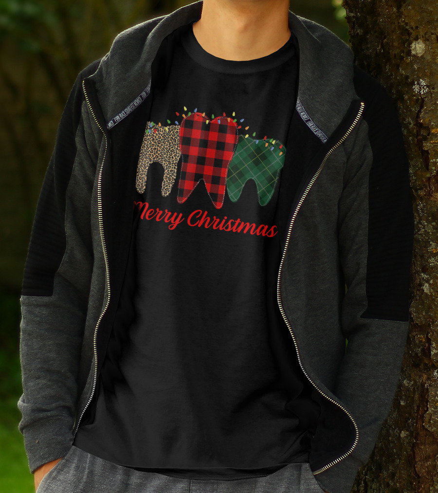 Merry Christmas Teeth Plaid Leopard Pattern With Holiday Lights T-Shirt