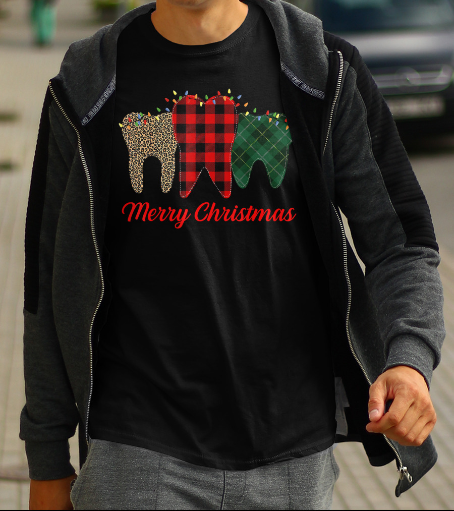Merry Christmas Teeth Plaid Leopard Pattern With Holiday Lights T-Shirt
