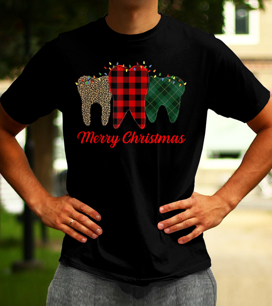 Merry Christmas Teeth Plaid Leopard Pattern With Holiday Lights T-Shirt