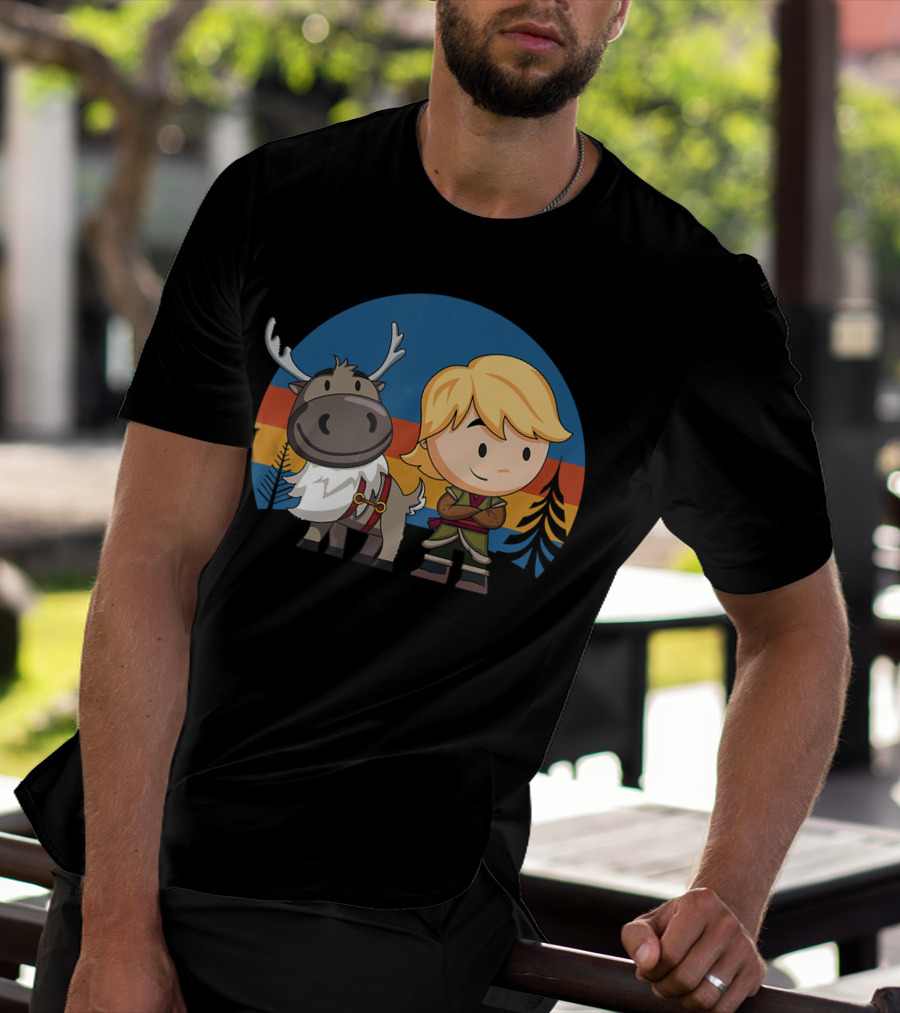 Frozen 2 Chibi Sven And Kristoff Retro Sunset Scene T-Shirt