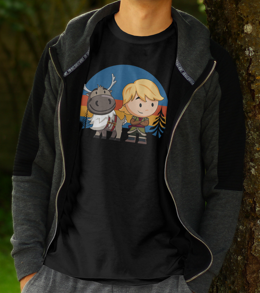 Frozen 2 Chibi Sven And Kristoff Retro Sunset Scene T-Shirt