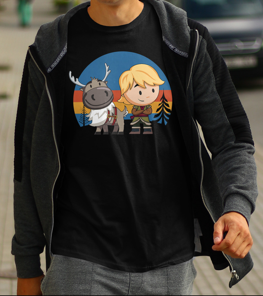 Frozen 2 Chibi Sven And Kristoff Retro Sunset Scene T-Shirt