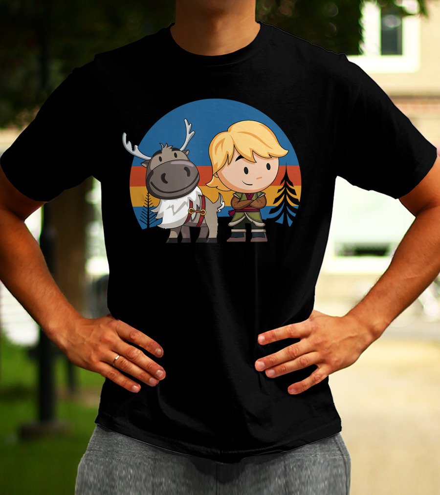 Frozen 2 Chibi Sven And Kristoff Retro Sunset Scene T-Shirt