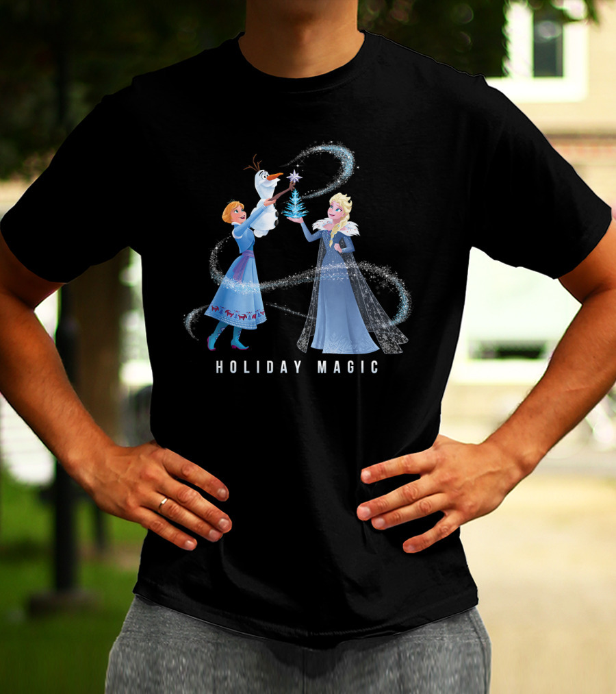 Disney Frozen Elsa Anna Olaf Holiday Magic Sparkling Winter Scene T-Shirt