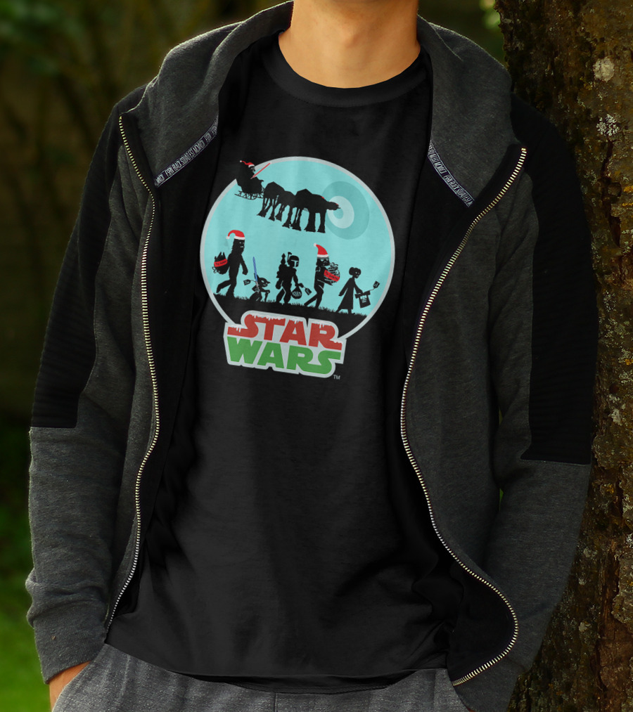 Star Wars Holiday Characters With Santa Hats And Death Star T-Shirt