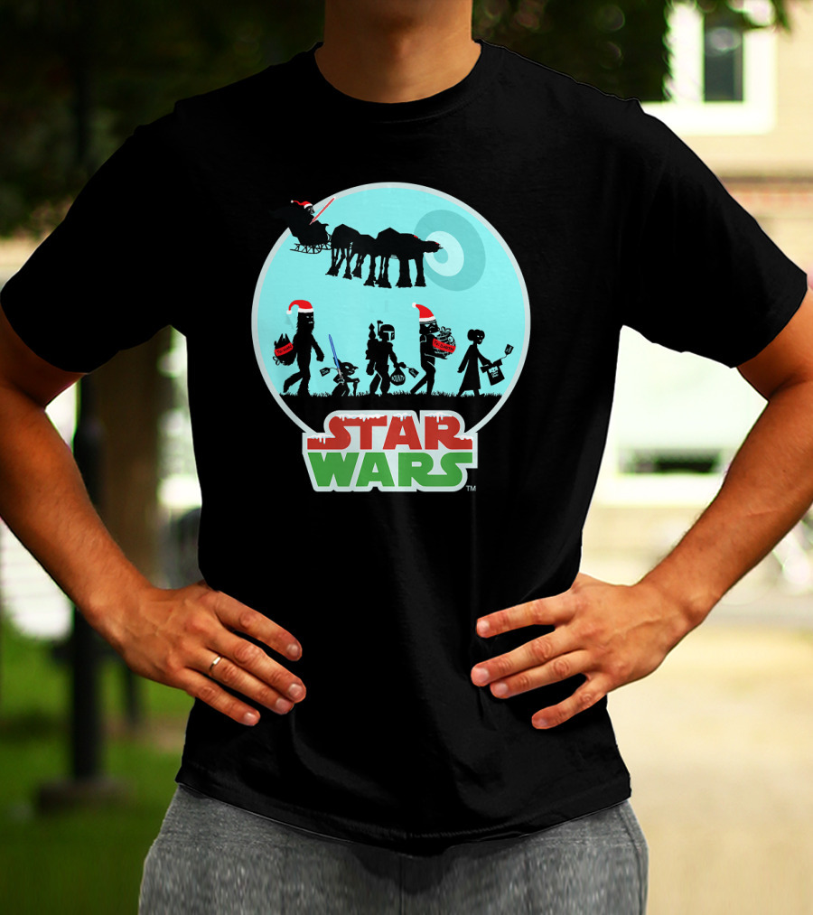 Star Wars Holiday Characters With Santa Hats And Death Star T-Shirt