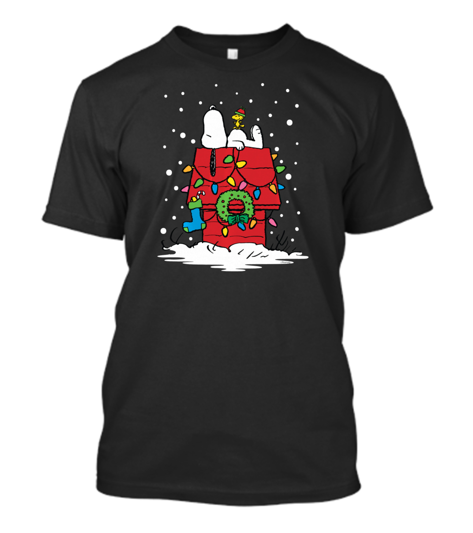Snoopy Woodstock Christmas Lights Doghouse Wreath Snow Peanuts T-Shirt