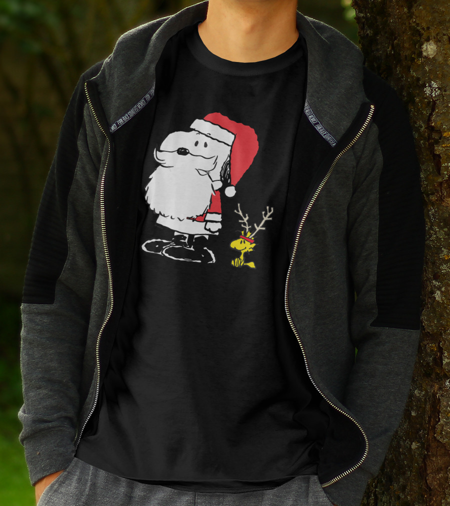 Snoopy Santa With Woodstock Antlers Peanuts Holiday T-Shirt
