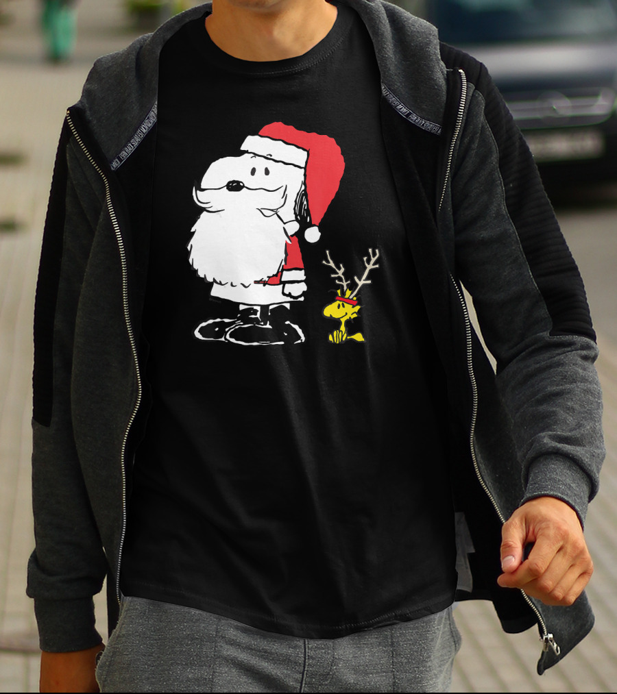 Snoopy Santa With Woodstock Antlers Peanuts Holiday T-Shirt