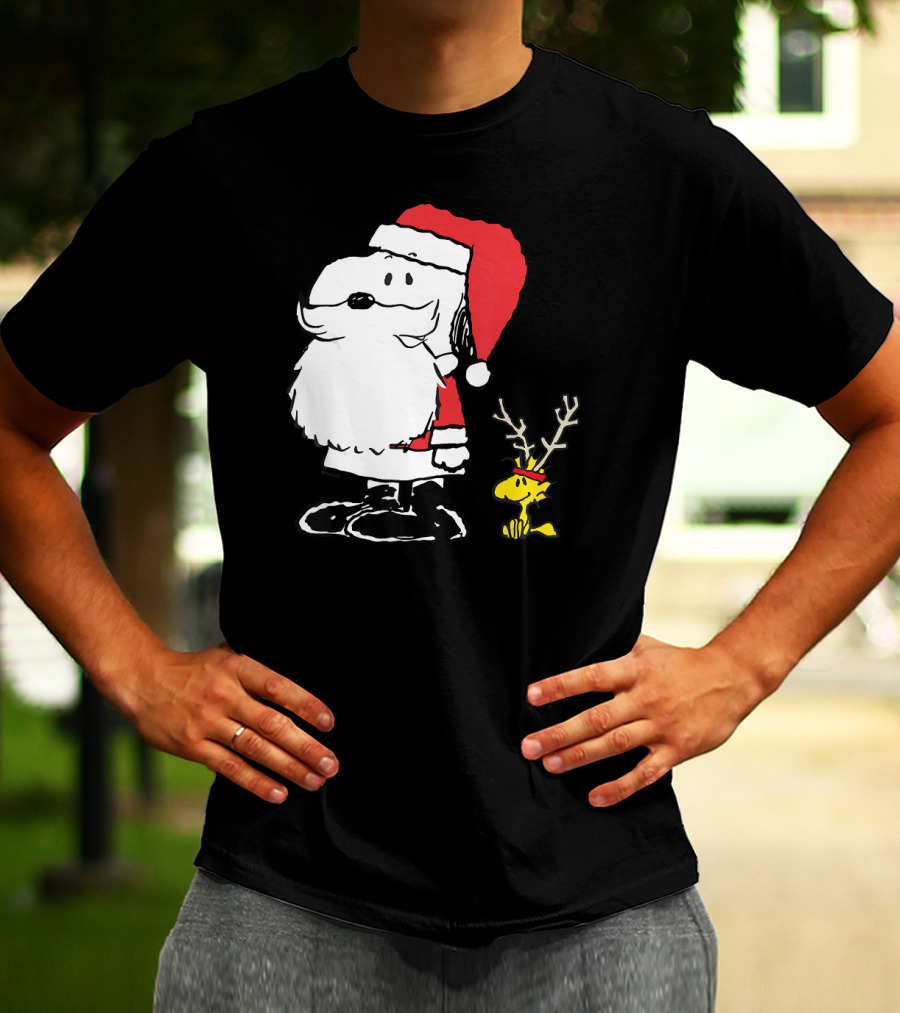Snoopy Santa With Woodstock Antlers Peanuts Holiday T-Shirt
