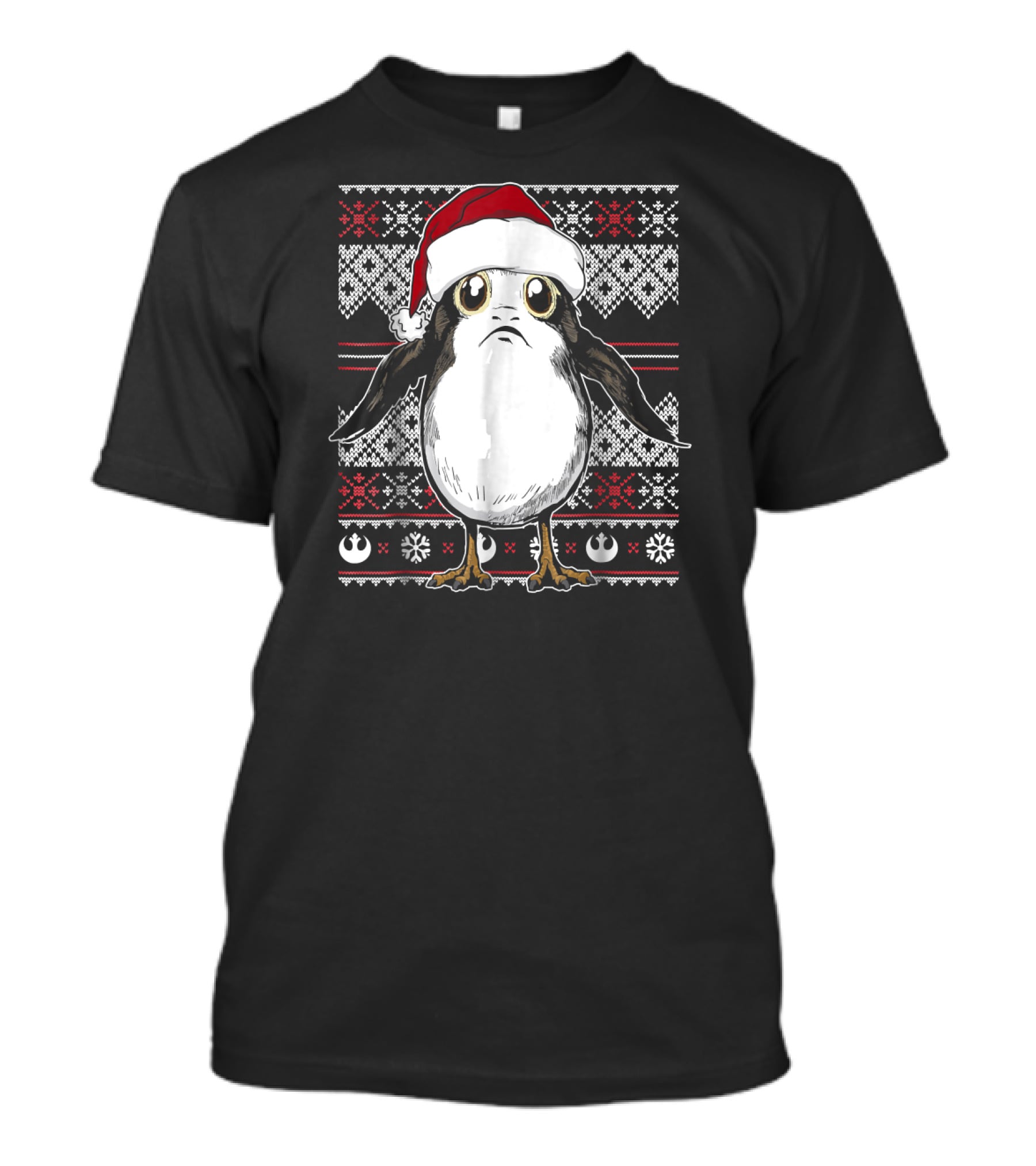 Star Wars Porg Santa Hat Christmas Sweater Pattern Rebel Alliance Snowflakes T-Shirt