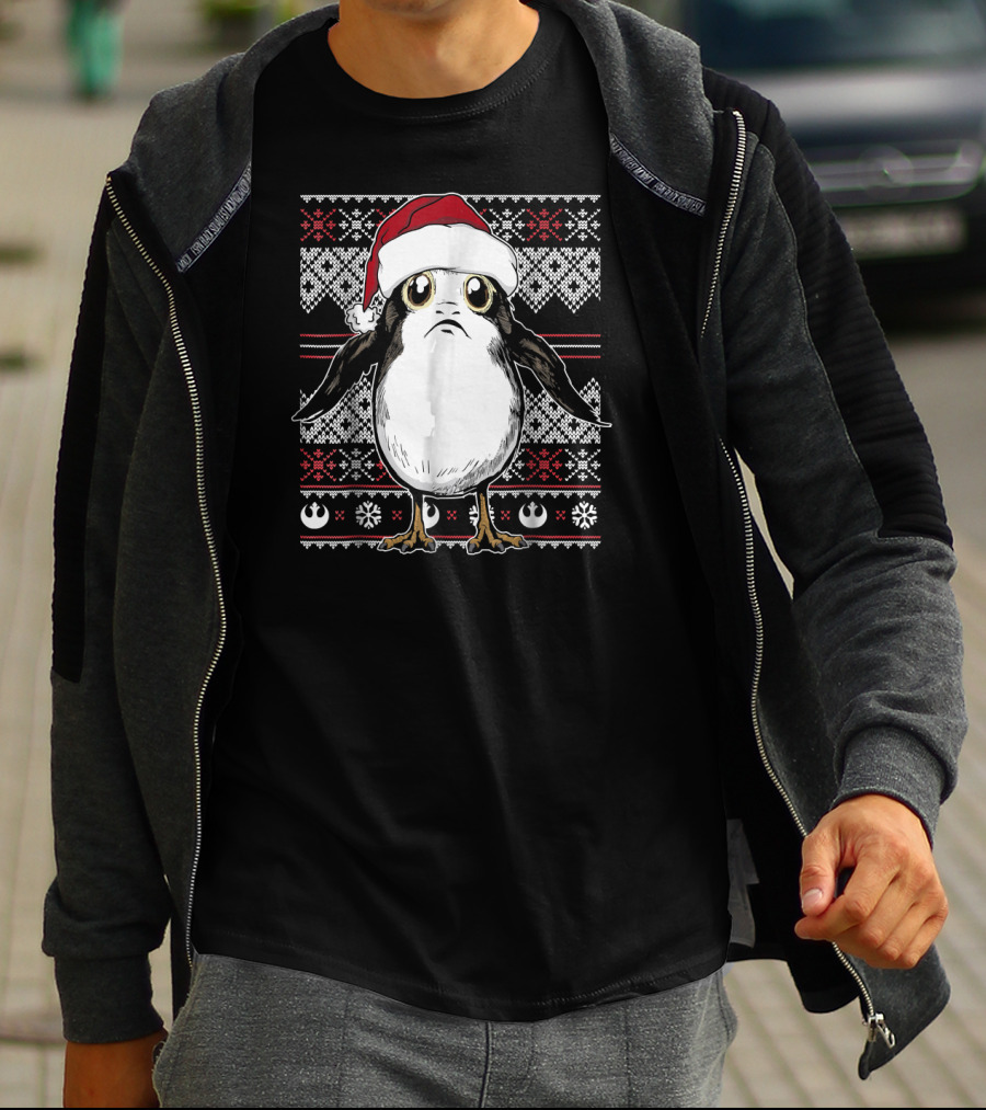 Star Wars Porg Santa Hat Christmas Sweater Pattern Rebel Alliance Snowflakes T-Shirt