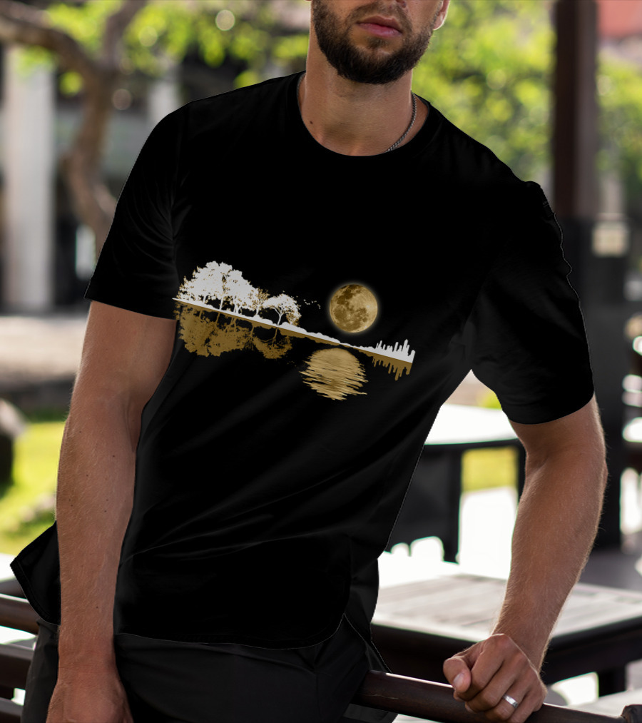 Acoustic Guitar Player Birthday Moonlit Lakeside Reflection T-Shirt