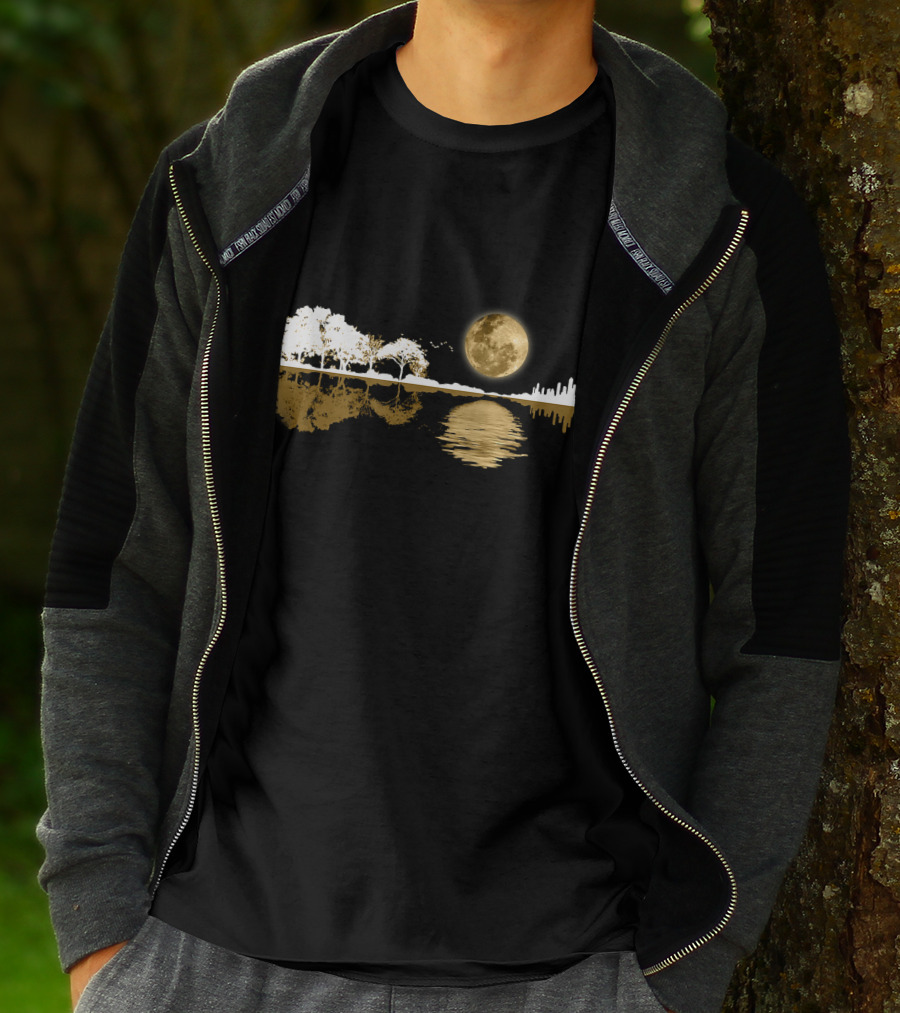 Acoustic Guitar Player Birthday Moonlit Lakeside Reflection T-Shirt