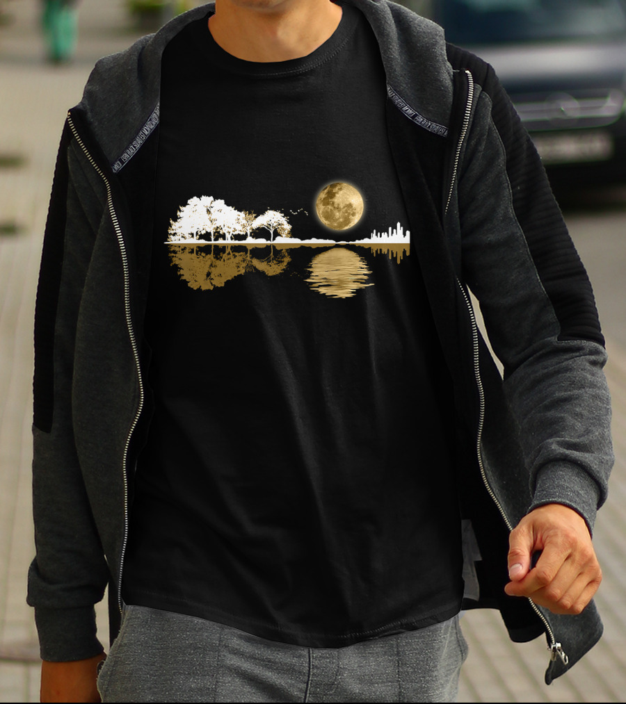 Acoustic Guitar Player Birthday Moonlit Lakeside Reflection T-Shirt