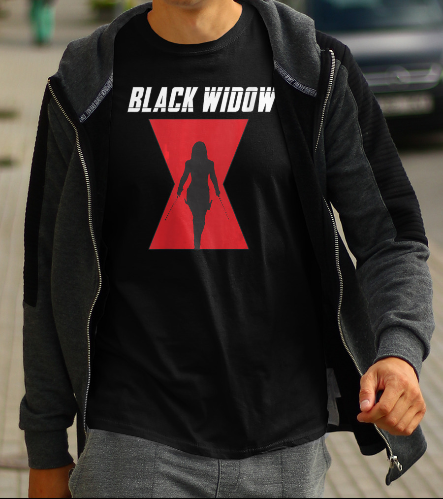 Black Widow Silhouette Red Hourglass Emblem T-Shirt