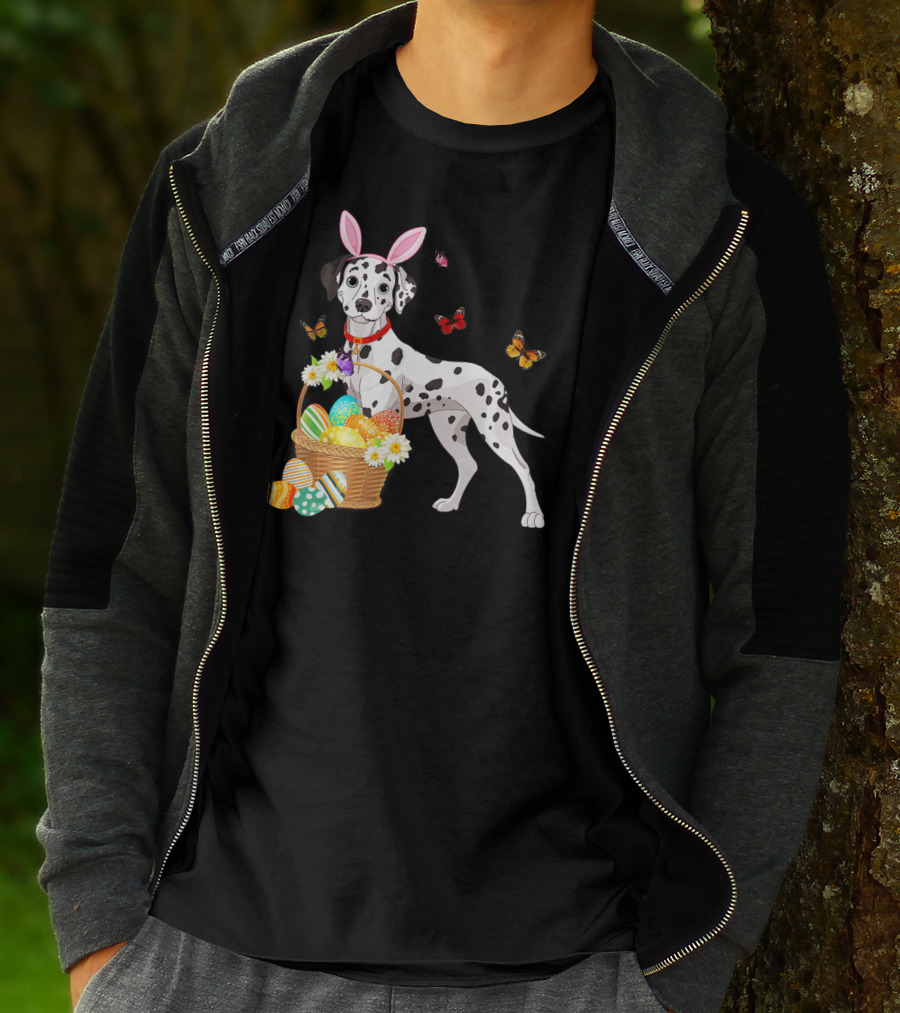 Dalmatian With Bunny Ears Holding Easter Egg Basket And Butterflies T-Shirt