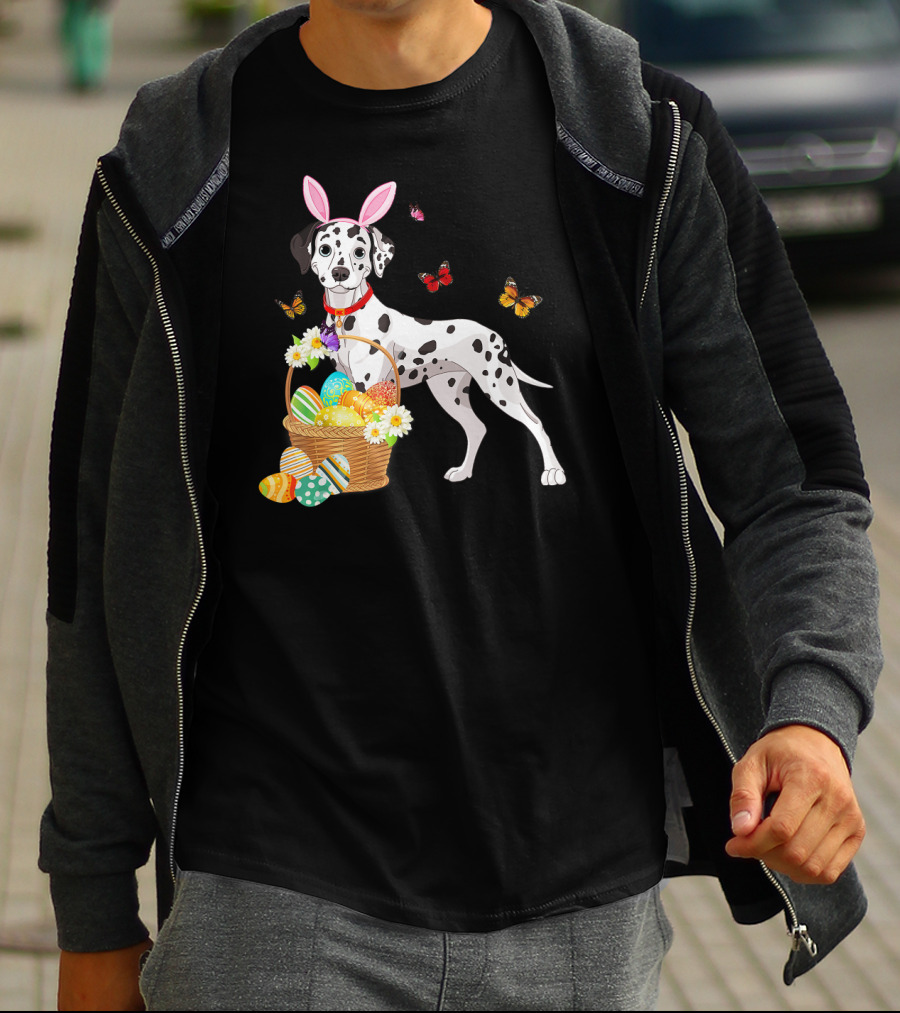 Dalmatian With Bunny Ears Holding Easter Egg Basket And Butterflies T-Shirt