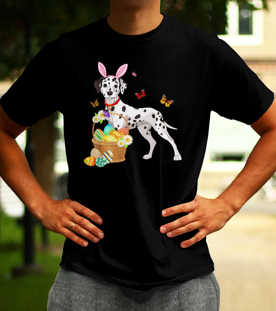 Dalmatian With Bunny Ears Holding Easter Egg Basket And Butterflies T-Shirt