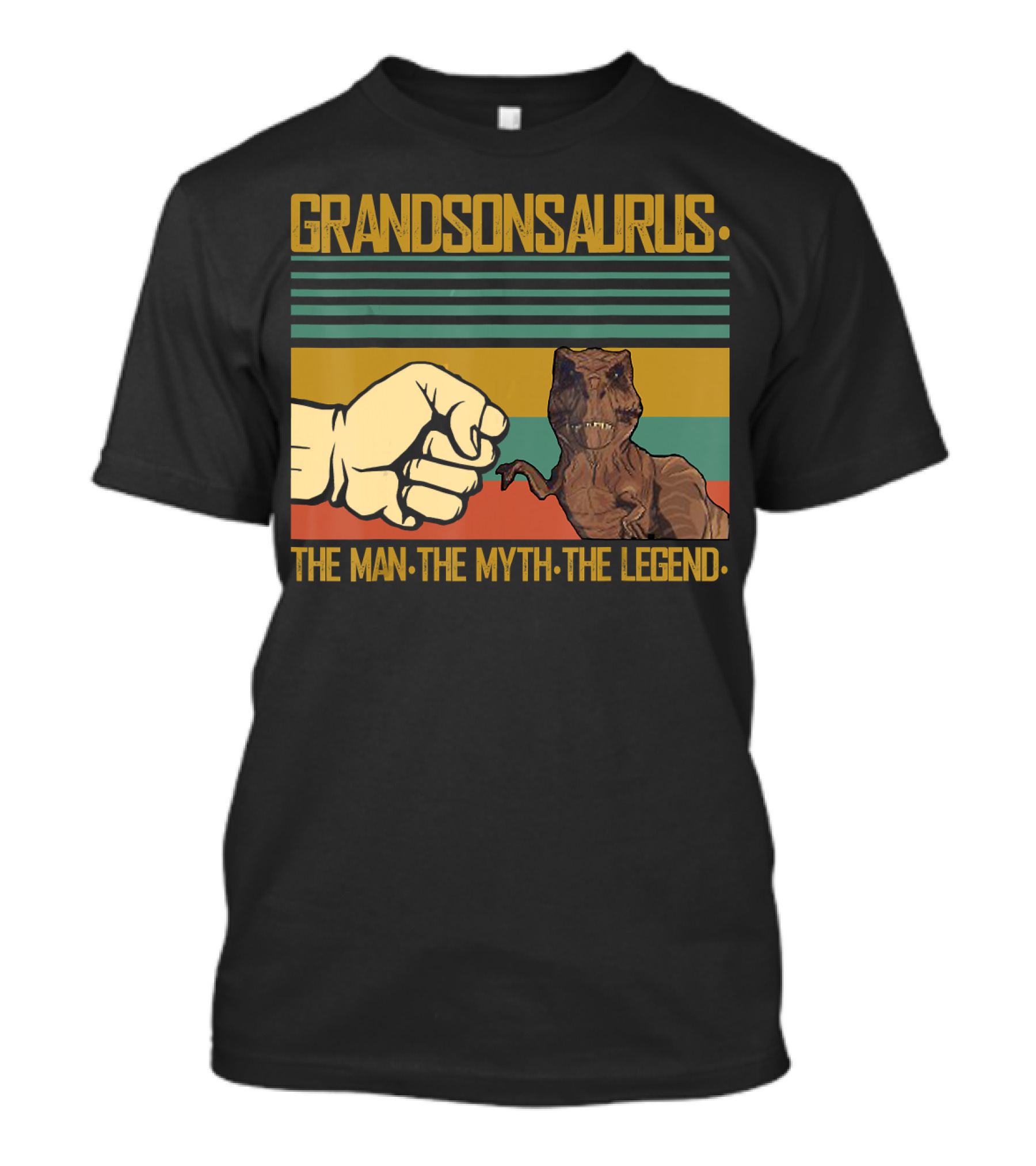 Grandsonsaurus The Man The Myth The Legend Dinosaur Fist Retro Stripes T-Shirt