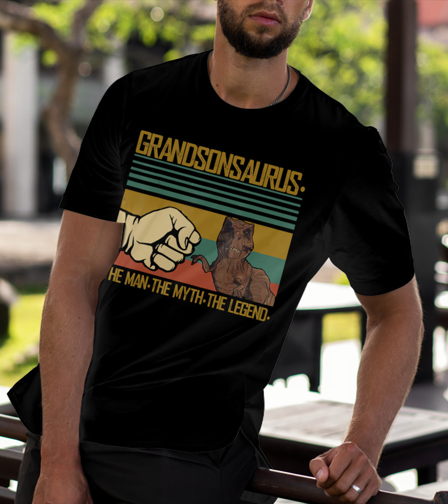 Grandsonsaurus The Man The Myth The Legend Dinosaur Fist Retro Stripes T-Shirt