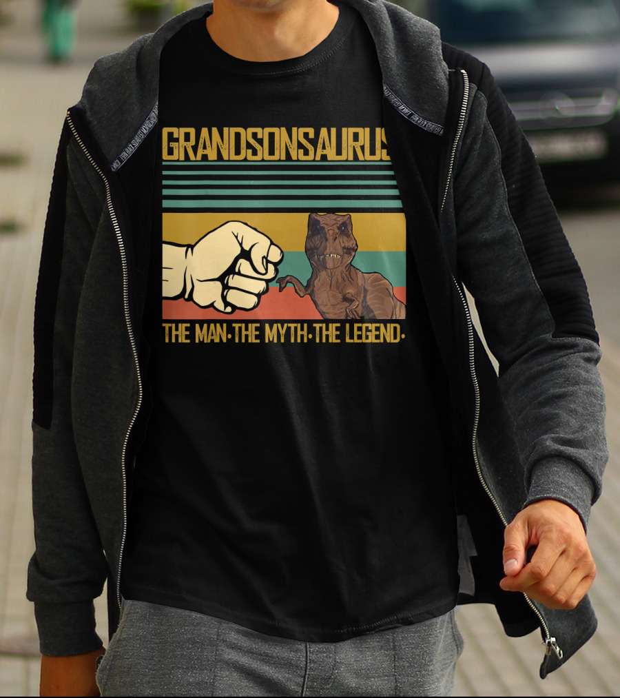 Grandsonsaurus The Man The Myth The Legend Dinosaur Fist Retro Stripes T-Shirt