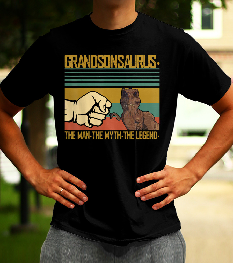 Grandsonsaurus The Man The Myth The Legend Dinosaur Fist Retro Stripes T-Shirt
