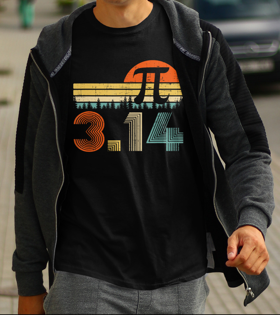 Pi Day Math Teacher 3.14 Retro Sunset Forest T-Shirt