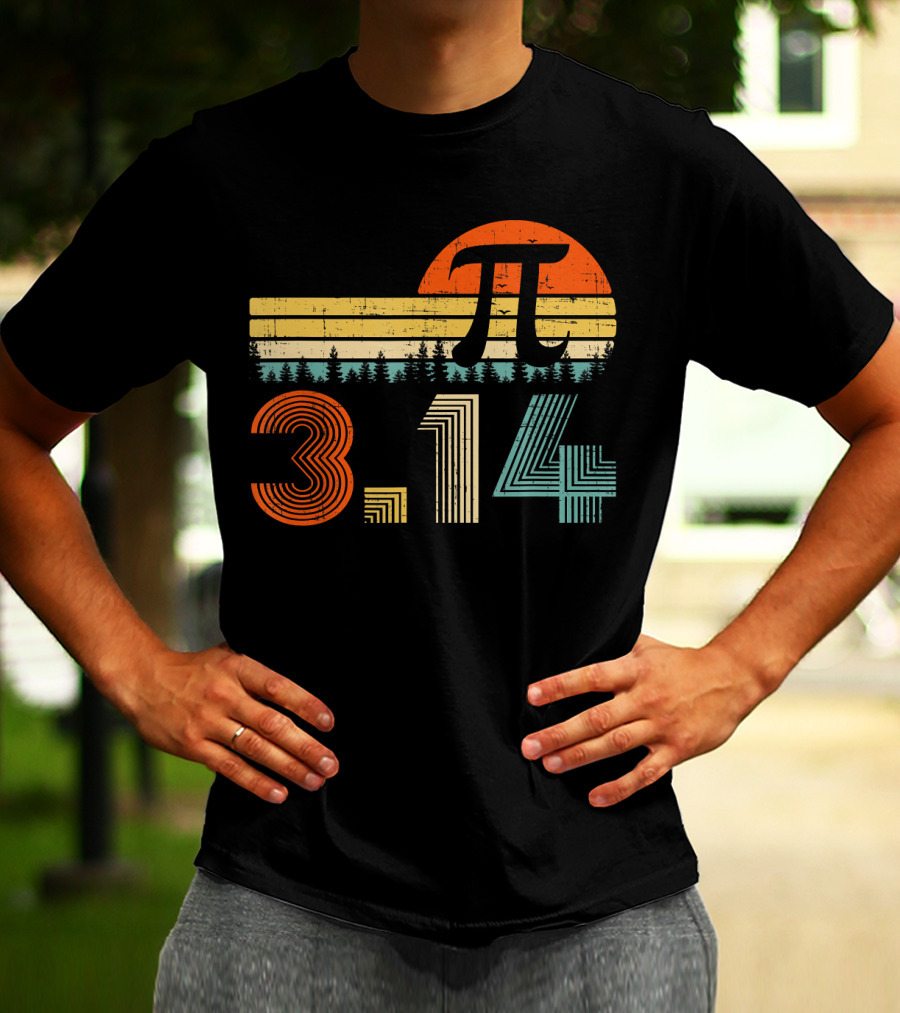 Pi Day Math Teacher 3.14 Retro Sunset Forest T-Shirt