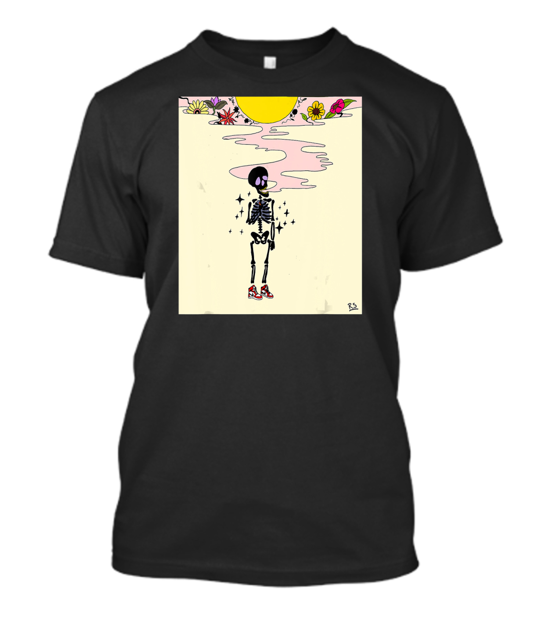 Smoking Skeleton Sun Flowers Sneakers Graphic Fashion T-Shirt