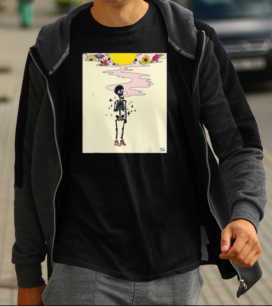 Smoking Skeleton Sun Flowers Sneakers Graphic Fashion T-Shirt