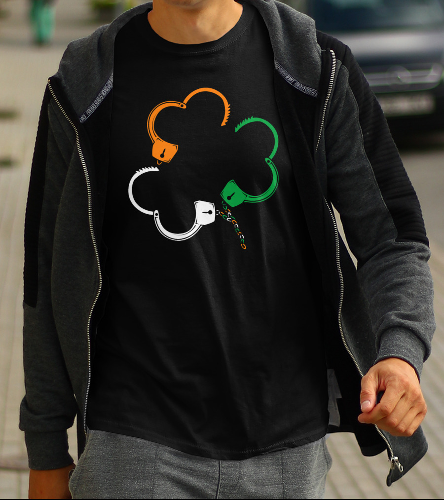St Patricks Day Irish Flag Handcuffs Clover Police Officer T-Shirt