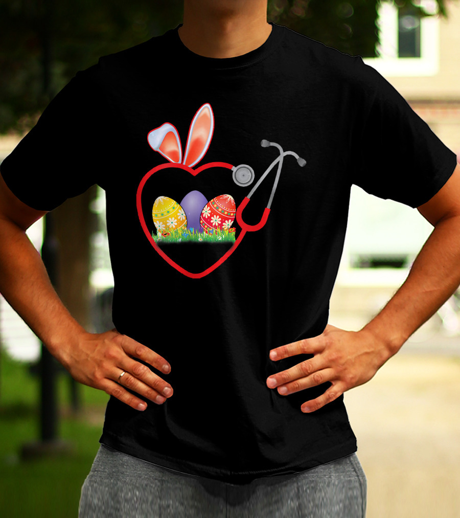 Stethoscope Heart Bunny Ears Easter Eggs Nurse T-Shirt