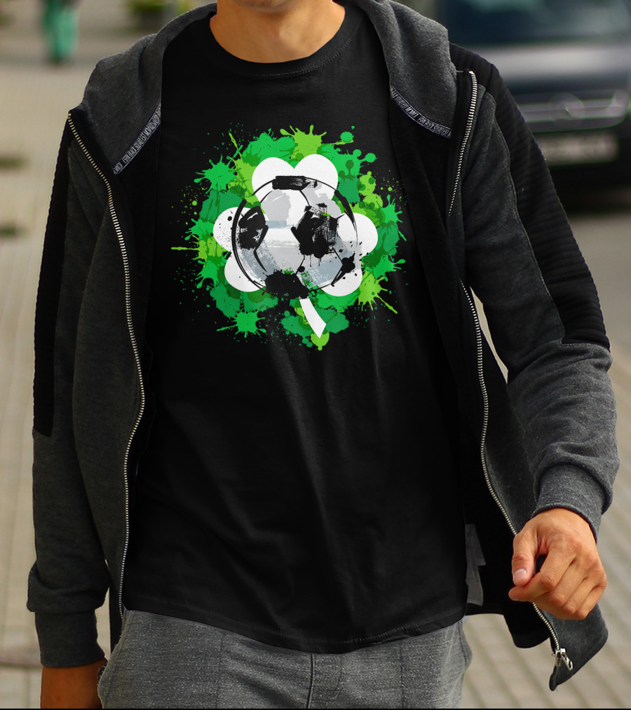 St Patrick's Day Soccer Ball Shamrock Green Splatter T-Shirt