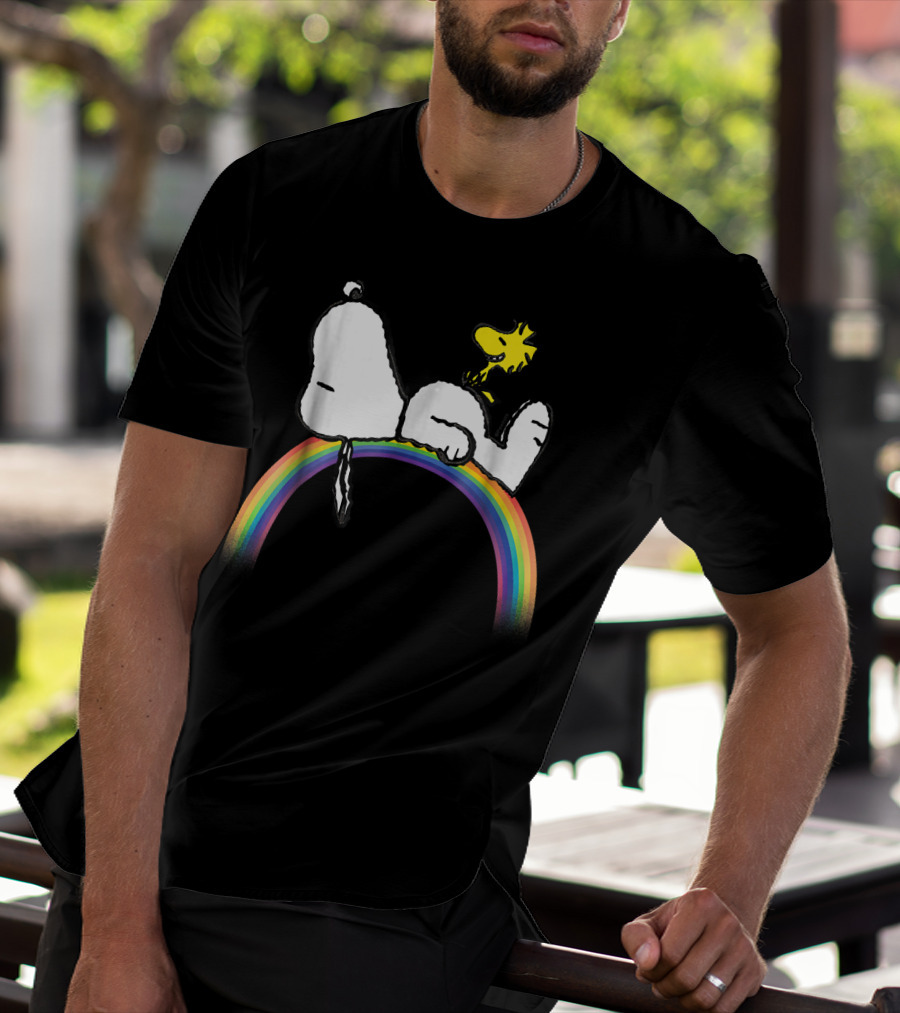 Peanuts Snoopy Woodstock Lying On Rainbow T-Shirt