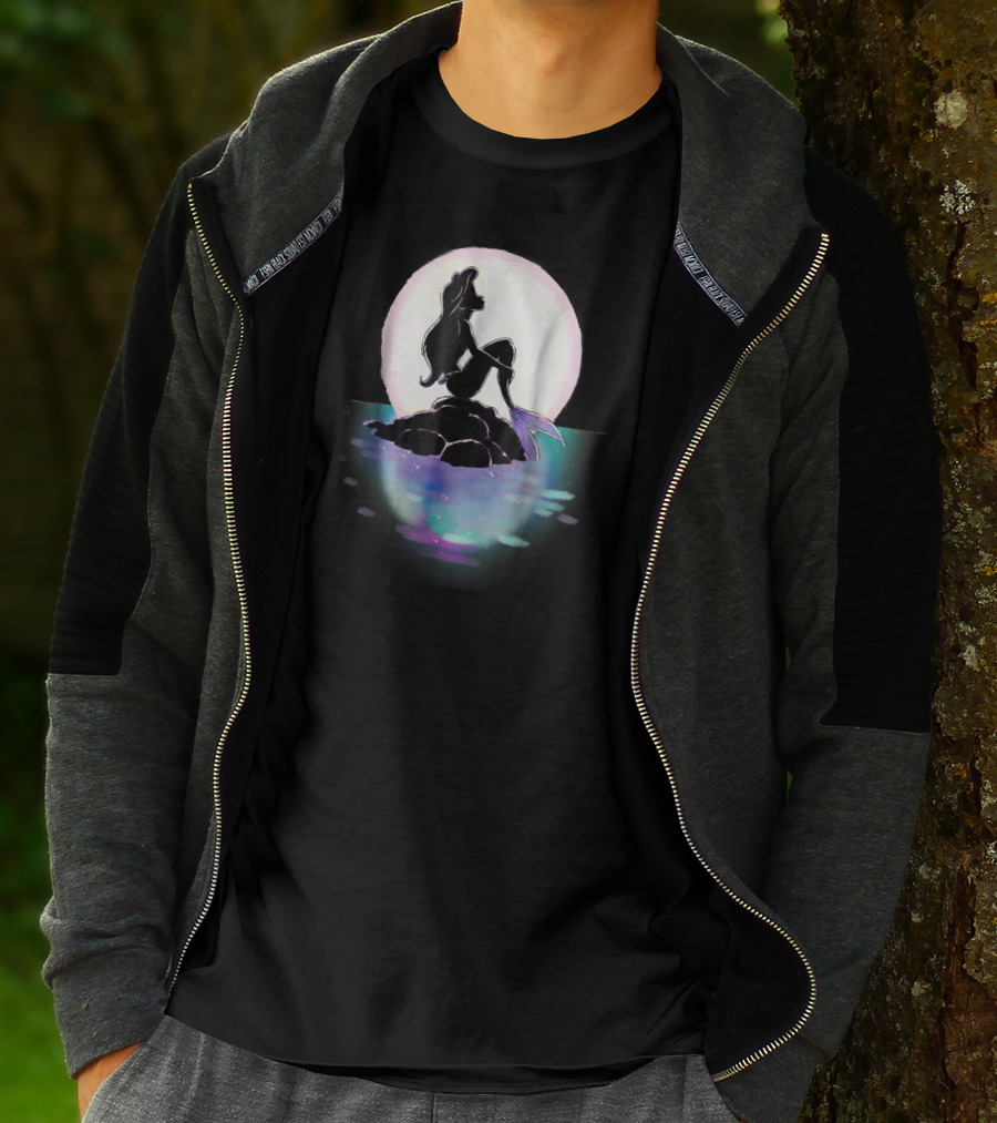 Disney Ariel Little Mermaid Silhouette Against Colorful Sunset Moon T-Shirt