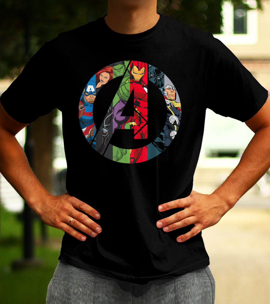 Marvel Avengers A Logo Captain America Black Widow Hulk Iron Man Thor T-Shirt