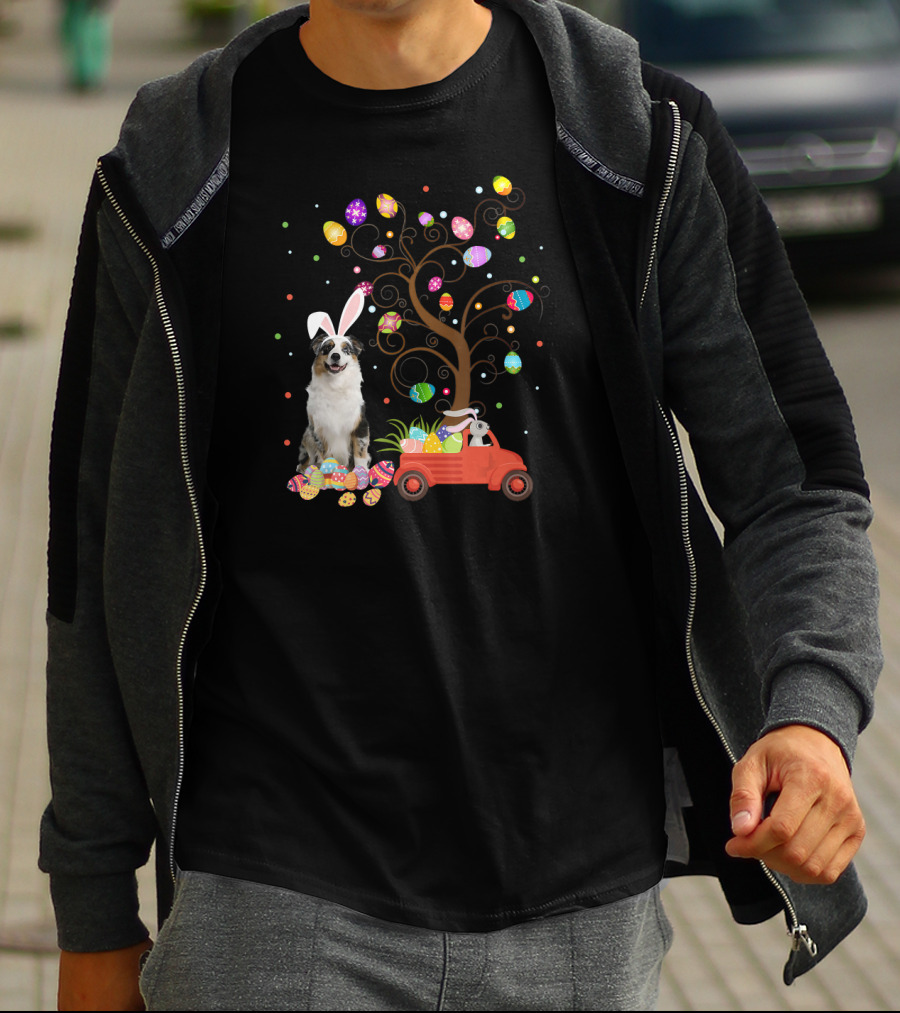 Australian Shepherd Bunny Ears Easter Eggs Tree Truck T-Shirt