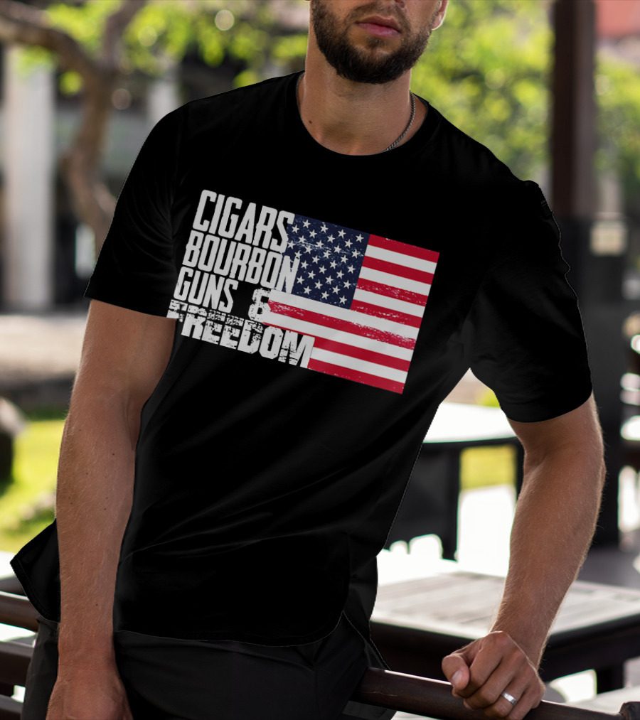 Cigars Bourbon Guns Freedom American Flag T-Shirt