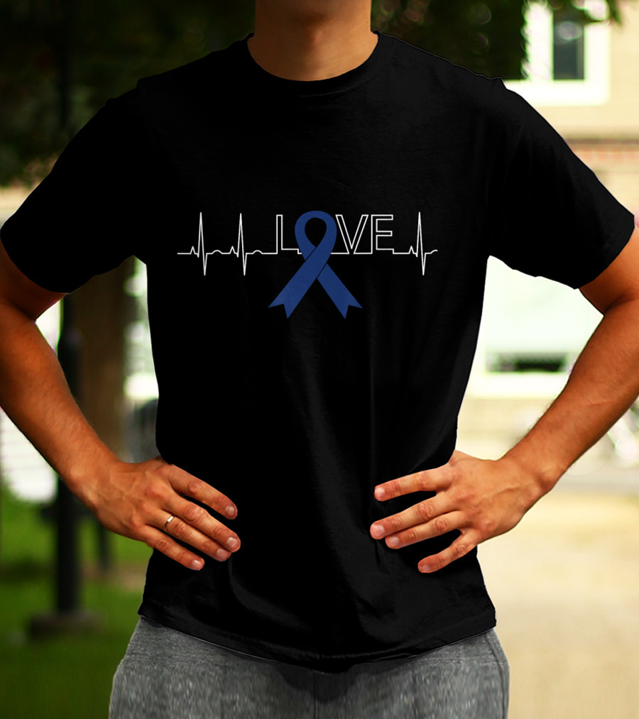 Love Colon Cancer Awareness Blue Ribbon Heartbeat T-Shirt