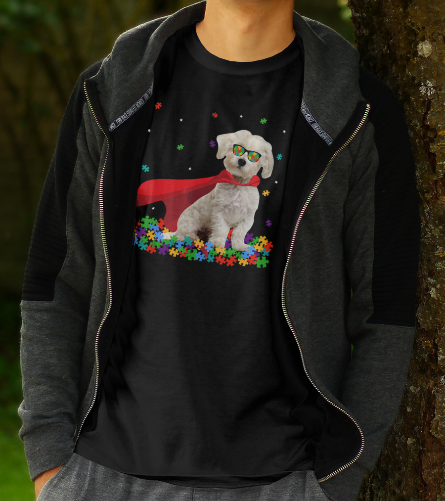 Superhero Maltese Dog Puzzle Pieces Autism Awareness T-Shirt