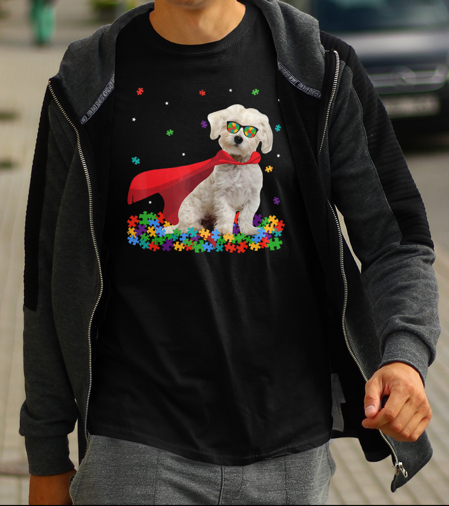 Superhero Maltese Dog Puzzle Pieces Autism Awareness T-Shirt